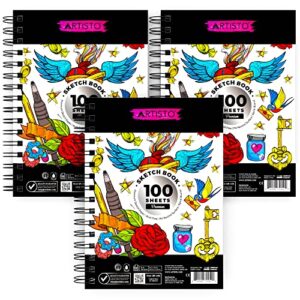 artisto 5.5x8.5” premium sketch book set, pack of 3 (300 sheets), 84lb (125g/m2), spiral bound, acid-free drawing paper, perfect for most dry media, ideal for kids, teens & adults.