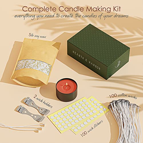 Hearth & Harbor Soy Candle Wax for Candle Making - Natural Soy Wax for Candle Making 5 lb Bag, Premium Soy Wax Flakes, 100 Cotton Candle Wicks, 100 Wick Stickers, & 2 Centering Devices