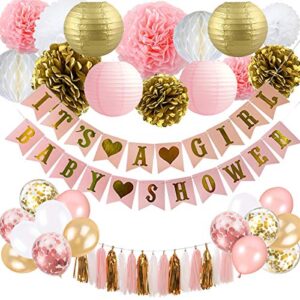 baby shower decorations for girl – pink and gold baby shower decoration it’s a girl & baby shower banner with paper lantern pompoms flowers honeycomb ball balloons foil tassel