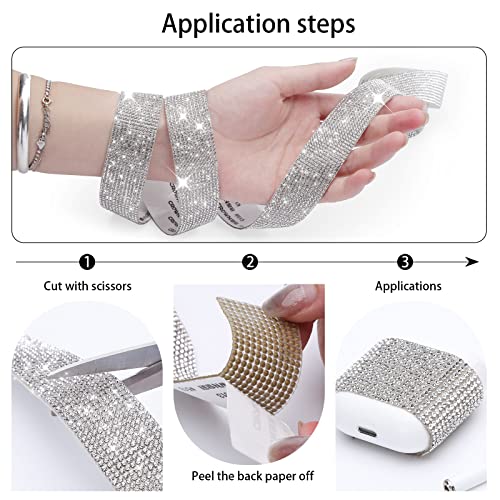 3 Rolls 6.6 Yards Self-Adhesive Crystal Rhinestone Diamond Ribbon - DIY Diamond Ribbon Stickers with 2 mm Rhinestones for Arts Crafts ,Bling Silver Ribbon Rolls for Phone,Car Decoration(Silver)