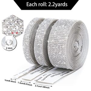3 Rolls 6.6 Yards Self-Adhesive Crystal Rhinestone Diamond Ribbon - DIY Diamond Ribbon Stickers with 2 mm Rhinestones for Arts Crafts ,Bling Silver Ribbon Rolls for Phone,Car Decoration(Silver)