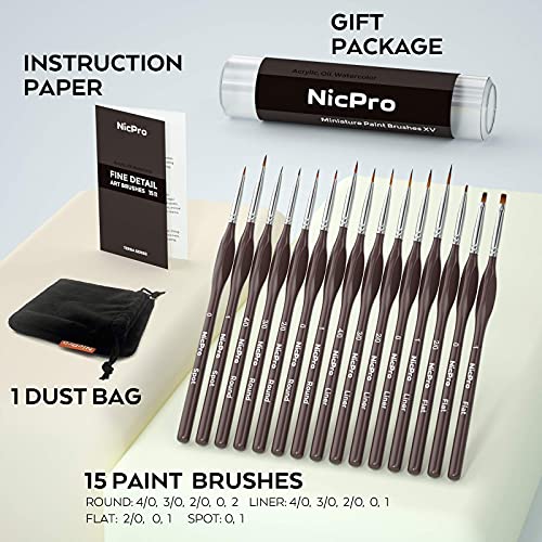 Nicpro Micro Detail Paint Brush Set,15 Small Professional Artist Miniature Fine Detail Brushes for Art Watercolor Oil Acrylic,Craft Models Rock Painting Citadel & Paint by Number -Come with Holder