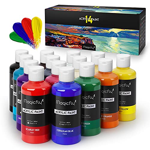 Magicfly Bulk Acrylic Paint Set, 14 Rich Pigments Colors (280 ml/9.47 fl oz.) Acrylic Paint Bottles, Non-Fading, Non-Toxic Craft Paints for Painting on Canvas, Christmas Decorations, Ideal for Beginners, Artist & Hobby Painters