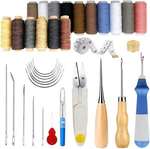 plantional 34 pcs basic leather sewing kit: upholstery thread cord, leather waxed thread with sewing awl, seam ripper, tape measure large-eye stitching needles for diy leather craft repair