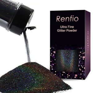 renfio holographic ultra fine glitter powder metallic resin glitter pet flakes crafts sequins 1/128″ 0.008″ 0.2mm epoxy chips flakes for tumblers slime 1.75 oz (50g) – laser black