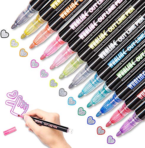 Whaline Double Line Outline Pens, 12 Colors Self-Outline Metallic Markers Glitter Writing Drawing Pens for Christmas Card Writing, Birthday Greeting, DIY Art Crafts, Scrap Booking