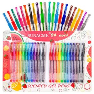 fruity scented gel pens, sunacme sweet scented glitter gel pens, cute school supplies for coloring, journaling, drawing, note taking – 24 pack gift idea