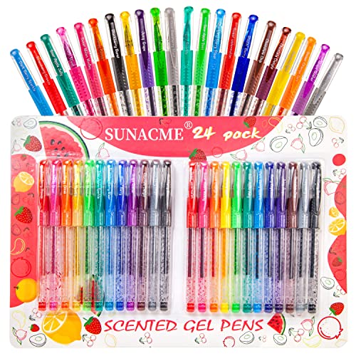 Fruity Scented Gel Pens, Sunacme Sweet Scented Glitter Gel Pens, Cute School Supplies for Coloring, Journaling, Drawing, Note Taking - 24 Pack Gift Idea