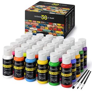 magicfly outdoor acrylic paint, set of 30 colors (60ml, 2oz.) craft paint with 3 paint brushes, rich pigments multi-surface patio paints for christmas decorations, crafts, rocks, fabric, leather, paper & diy projects