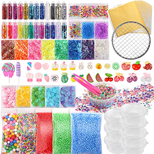 110pcs Slime Making Supplies Kit, Slime Add Ins, Slime Accessories, Glitter, Foam Balls, Fishbowl Beads, Glitter Sequins, Shells, Candy Slime Charms, Cups for Slime Party