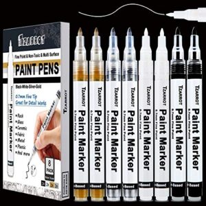 white paint pen, 8 pack 0.7mm acrylic paint pens with 2 white 2 black 2 gold 2 silver paint pen permanent marker for wood rock fabric metal plastic ceramic acrylic paint markers extra fine tip