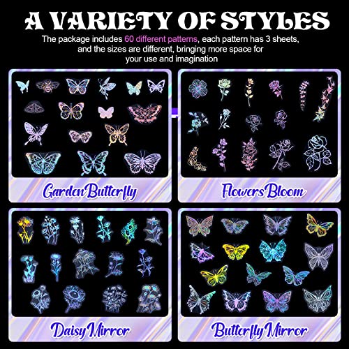 180 Pcs Holographic Glitter Butterfly Sticker Set Waterproof Plant Decorative Flower Decals Glitter Adhesive Sticker for Scrapbooking Journal Planner Water Bottle Laptop Phone (Flowers and Butterflies)