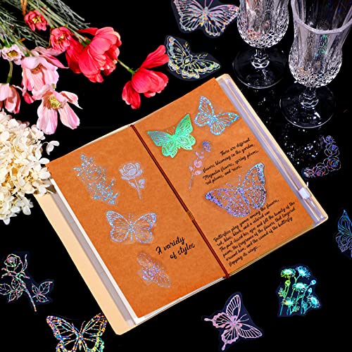 180 Pcs Holographic Glitter Butterfly Sticker Set Waterproof Plant Decorative Flower Decals Glitter Adhesive Sticker for Scrapbooking Journal Planner Water Bottle Laptop Phone (Flowers and Butterflies)