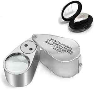 40x full metal illuminated jewelers eye loupe magnifier, small pocket folding magnifying glass jewelry loop with led for gems, jewellery, coins, map, stamps, currency detect, elders gift, 1” lens dia