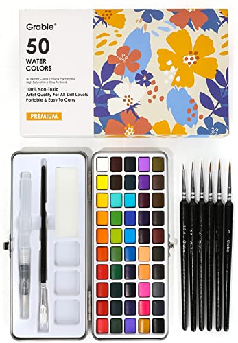 Grabie Watercolor Paint Set, Watercolor Paints, 50 Colors, Painting Set, Detail Paint Brush Included, Art Supplies for Painting, Great Watercolor Set for Artists, Amateur Hobbyists and Painting Lovers
