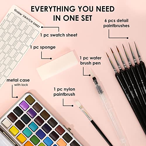 Grabie Watercolor Paint Set, Watercolor Paints, 50 Colors, Painting Set, Detail Paint Brush Included, Art Supplies for Painting, Great Watercolor Set for Artists, Amateur Hobbyists and Painting Lovers