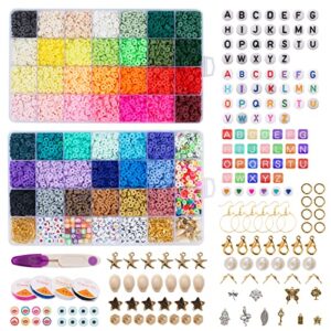 Maxzola inc. Clay Beads for Jewelry Bracelet Necklace Making Kit, 12870 Pcs Flat Round Polymer Clay Beads with Elastic Strings Pendant Charms Kit