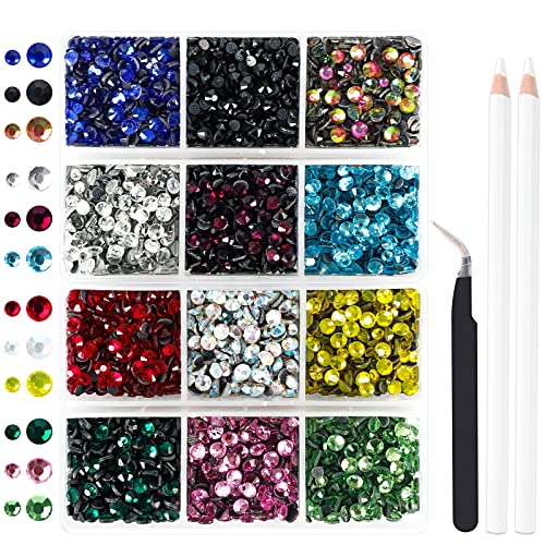 OUTUXED 5400pcs Multicolor Rhinestones 12 Mixed Color Hotfix Rhinestones Flatback Gemstones and Crystals for Crafts, Clothes with Tweezers and 2 Picking Pens