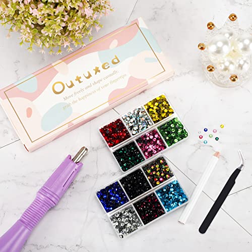 OUTUXED 5400pcs Multicolor Rhinestones 12 Mixed Color Hotfix Rhinestones Flatback Gemstones and Crystals for Crafts, Clothes with Tweezers and 2 Picking Pens