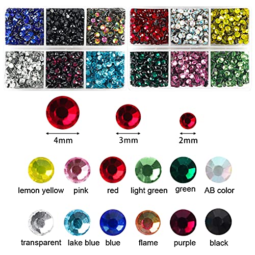 OUTUXED 5400pcs Multicolor Rhinestones 12 Mixed Color Hotfix Rhinestones Flatback Gemstones and Crystals for Crafts, Clothes with Tweezers and 2 Picking Pens