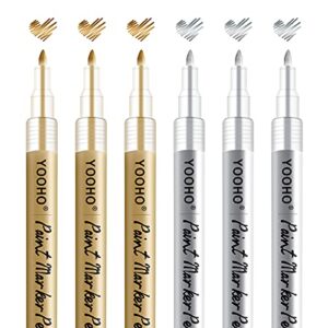 yooho paint pen gold silver metallic permanent acrylic markers set for fabric glass rock wooden ceramic leather tire painting, 0.7mm extra fine tip (3pcs gold+3pcs silver)
