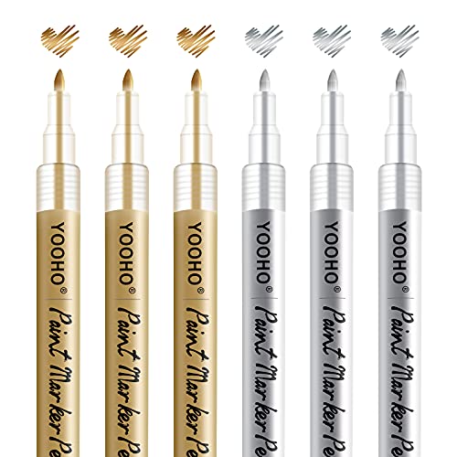 YOOHO Paint Pen Gold Silver Metallic Permanent Acrylic Markers Set for Fabric Glass Rock Wooden Ceramic Leather Tire Painting, 0.7mm Extra Fine Tip (3pcs Gold+3pcs Silver)
