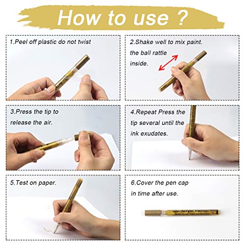 YOOHO Paint Pen Gold Silver Metallic Permanent Acrylic Markers Set for Fabric Glass Rock Wooden Ceramic Leather Tire Painting, 0.7mm Extra Fine Tip (3pcs Gold+3pcs Silver)
