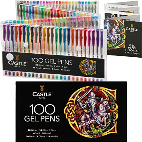 Castle Art Supplies 100 Gel Pens for Adult Coloring Set | Drawing, Scrapbooks, Journals | Amazing Colors, Effects – Swirl, Glitter, Neon, Pastel, Metallic - with Smooth, Fine Tips