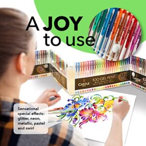 Castle Art Supplies 100 Gel Pens for Adult Coloring Set | Drawing, Scrapbooks, Journals | Amazing Colors, Effects – Swirl, Glitter, Neon, Pastel, Metallic - with Smooth, Fine Tips