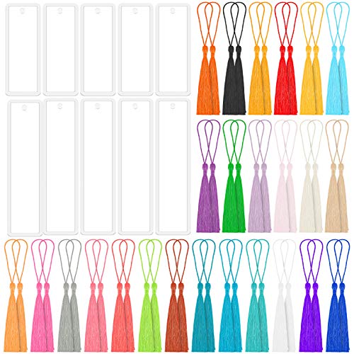 Bookmark Mold with Tassles, Caffox Bookmark Mold Kit with 100pcs Bookmark Tassels Bulk and 10pcs Rectangle Silicone Bookmark Mold for Epoxy Resin Casting