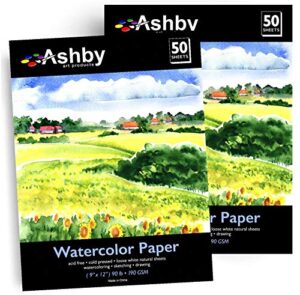 100 sheets of practice watercolor paper (9″ x 12″) – 190 gsm, acid-free and cold pressed.. perfect for painting, sketching or drawing. wet, dry and mixed media. bulk pack