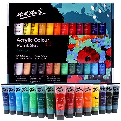 Mont Marte Acrylic Paint Set 24 Colours 36ml, Perfect for Canvas, Wood, Fabric, Leather, Cardboard, Paper, MDF and Crafts