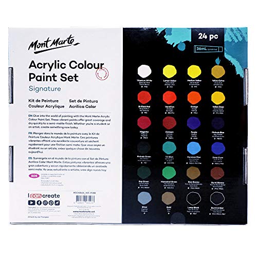 Mont Marte Acrylic Paint Set 24 Colours 36ml, Perfect for Canvas, Wood, Fabric, Leather, Cardboard, Paper, MDF and Crafts