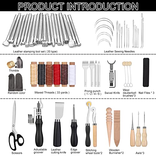 TLKKUE Leather Craft Tools Leather Working Tools Kit with Custom Storage Bag Leather Carving Tools Leather Craft Making for Cutting Punching Sewing Carving Stamping Leather Tooling Kit