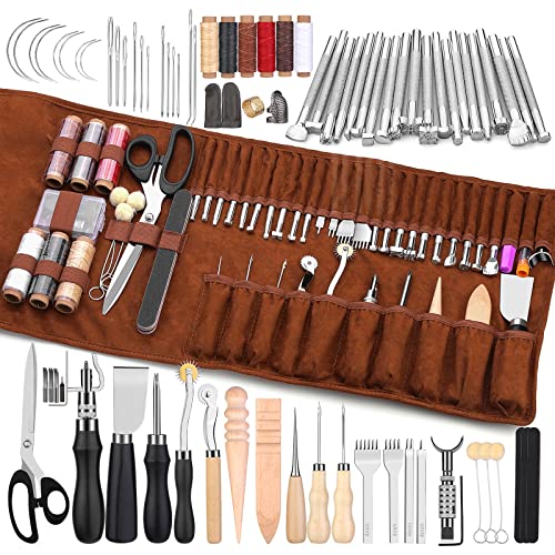 TLKKUE Leather Craft Tools Leather Working Tools Kit with Custom Storage Bag Leather Carving Tools Leather Craft Making for Cutting Punching Sewing Carving Stamping Leather Tooling Kit