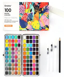 grabie watercolor paint set, watercolor paints, 100 colors, painting set with water brush pens and drawing pencil, great for kids and adults, art supplies, perfect starter kit for watercolor painting