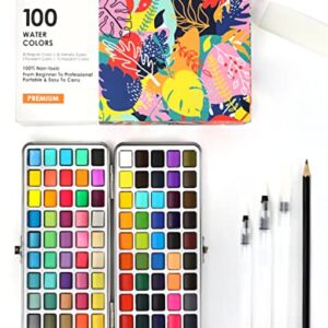 Grabie Watercolor Paint Set, Watercolor Paints, 100 Colors, Painting Set with Water Brush Pens and Drawing Pencil, Great for Kids and Adults, Art Supplies, Perfect Starter Kit for Watercolor Painting