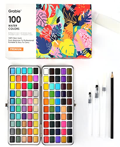 Grabie Watercolor Paint Set, Watercolor Paints, 100 Colors, Painting Set with Water Brush Pens and Drawing Pencil, Great for Kids and Adults, Art Supplies, Perfect Starter Kit for Watercolor Painting