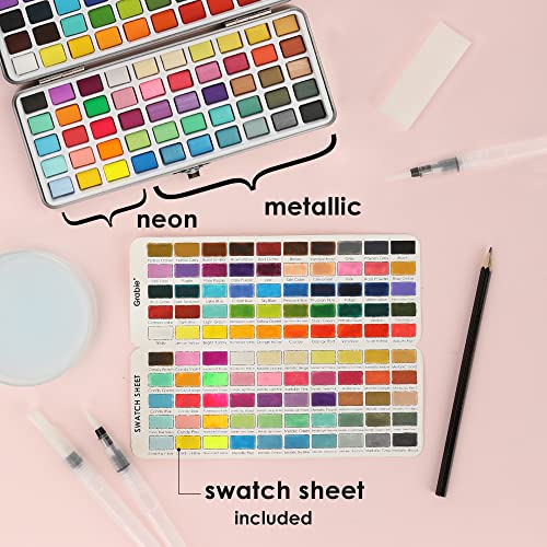 Grabie Watercolor Paint Set, Watercolor Paints, 100 Colors, Painting Set with Water Brush Pens and Drawing Pencil, Great for Kids and Adults, Art Supplies, Perfect Starter Kit for Watercolor Painting