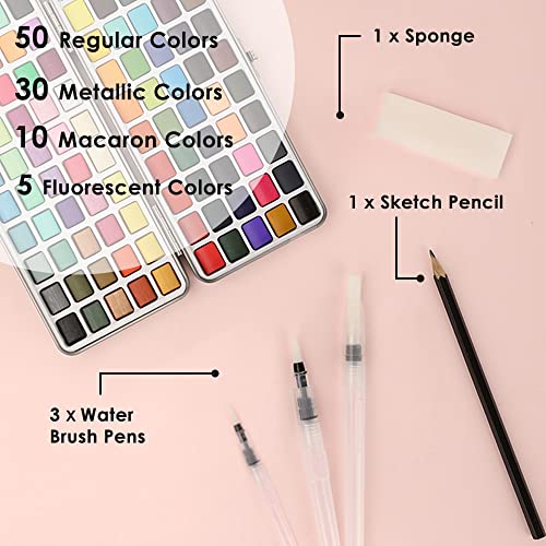 Grabie Watercolor Paint Set, Watercolor Paints, 100 Colors, Painting Set with Water Brush Pens and Drawing Pencil, Great for Kids and Adults, Art Supplies, Perfect Starter Kit for Watercolor Painting