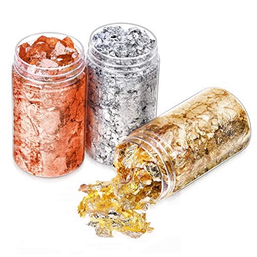 Gold Foil Flakes for Resin, Paxcoo Imitation Gold Foil Flakes Metallic Leaf for Nails, Painting, Crafts, Slime and Resin Jewelry Making (Gold, Silver, Copper Colors)