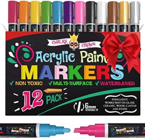 chalky crown acrylic paint markers – acrylic paint pens for rock painting, stone, ceramic, glass, wood, canvas – reversible tip paint pens- 6mm (12 pack)