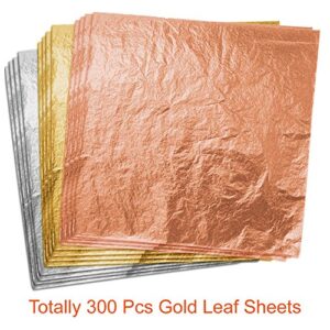 Paxcoo 300 Gold Leaf Sheets for Resin, Gold Foil Flakes Metallic Leaf for Resin Jewelry Making, Nail Art, Slime, and Gilding Crafts (Gold, Silver, Rose Gold Color 5.5 by 5.5 Inches)