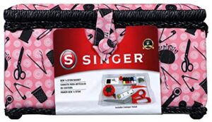 singer 07276 sewing basket with sewing kit accessories, pink & black