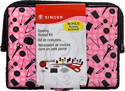 SINGER 07276 Sewing Basket with Sewing Kit Accessories, Pink & Black