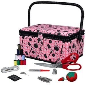 SINGER 07276 Sewing Basket with Sewing Kit Accessories, Pink & Black