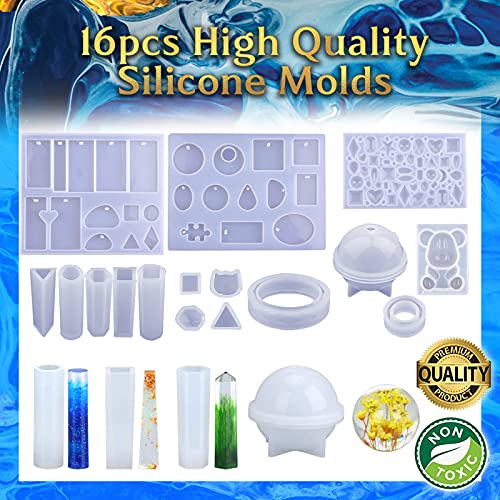 Zoncolor Epoxy Resin Silicone Molds Starter Kit - All in One Office Home Decor Art Clear Craft Jewelry Making Kit with Storage Bag Plastic Spoons Gold Foil Flakes Keychain Necklace Supplies Beginners