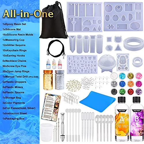 Zoncolor Epoxy Resin Silicone Molds Starter Kit - All in One Office Home Decor Art Clear Craft Jewelry Making Kit with Storage Bag Plastic Spoons Gold Foil Flakes Keychain Necklace Supplies Beginners