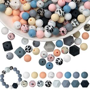 korlon 104pcs silicone beads 12mm necklace bracelet silicone beads for keychain making leopard cow silicone round assorted beads and 14mm polygonal beads for jewelry making diy crafts making