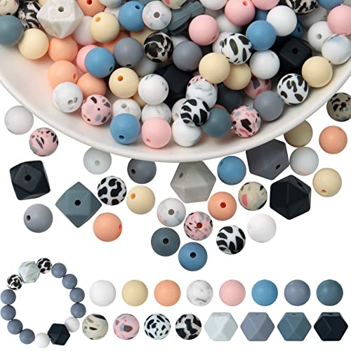 Korlon 104Pcs Silicone Beads 12mm Necklace Bracelet Silicone Beads for Keychain Making Leopard Cow Silicone Round Assorted Beads and 14mm Polygonal Beads for Jewelry Making DIY Crafts Making